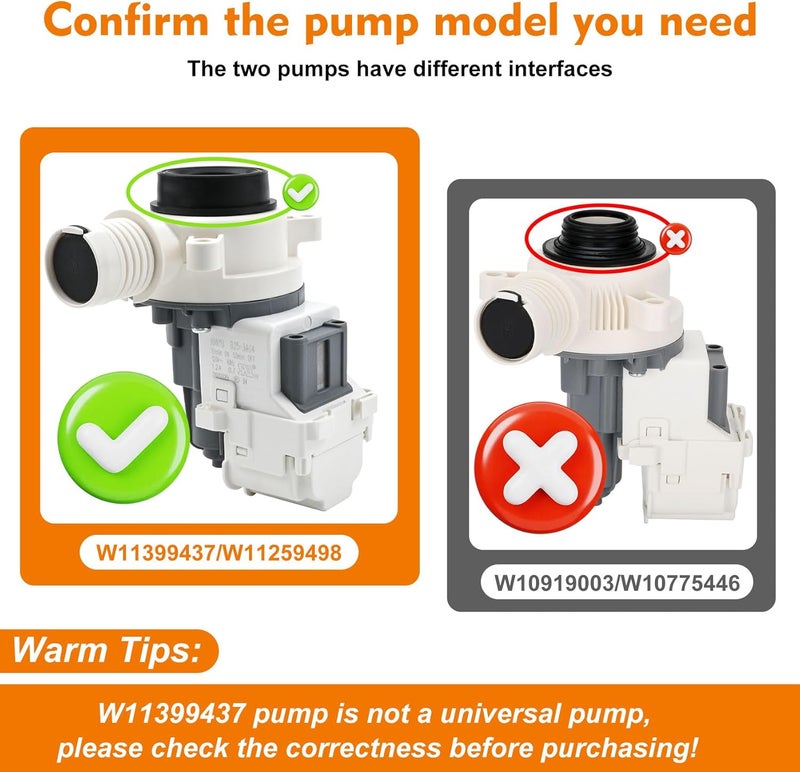 Modoo W11399437 W11259498 Washer Drain Pump (OEM) Compatible with Whirlpool WTW5000DW3 WTW5010LW0 WTW5105HW1 WTW5057LW0, PS12731241 Pump Compatible with Maytag MVW4505MW1 MVW5430MW0 MVWC565FW3 MVW6200KW1 - Image 2